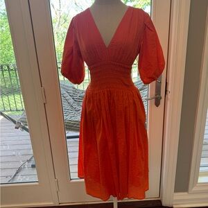 AYR Orange Midi Sundress with Puff Sleeves and V-Neck
